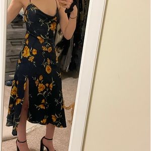 Reformation dress w/ slit- navy with yellow flowers